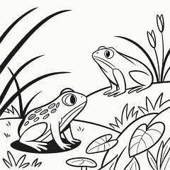 Frogs Sitting on Grass by a Pond in Black Outline Art