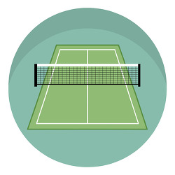 front view of tennis court with green surface and net