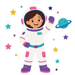 Girl Astronaut Waving With Planet And Stars