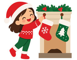 Girl Hanging Christmas Stocking On Fireplace