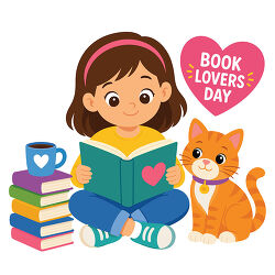 Girl Reading With Cat Book Lovers Day