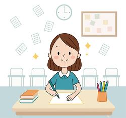 girl writing at desk in classroom