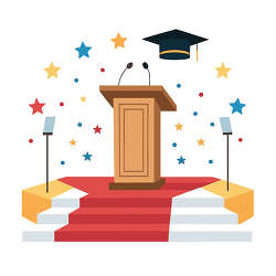 graduation podium with cap and confetti