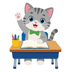 Gray Cat Studying At Desk