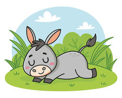 Gray Donkey Sleeping In Grass Cartoon