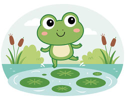 Green Frog Jumping On Lily Pads Cartoon