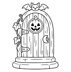 Halloween Door With Pumpkin Bat And Vines Coloring Page