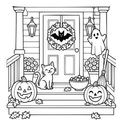 Halloween Pumpkin Porch Coloring Page With Ghost And Ca