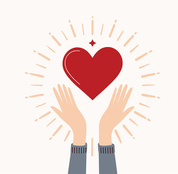 hands lifting red heart with glowing rays