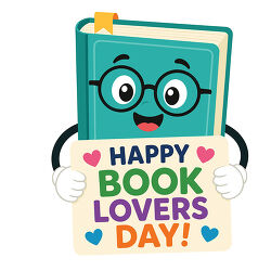 Happy Book Character Holding Sign