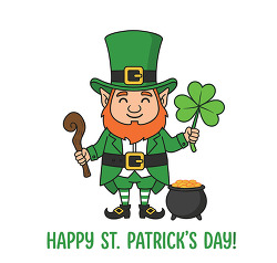happy leprechaun holding shamrock and pot of gold