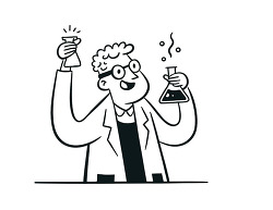 happy scientist holding laboratory flasks