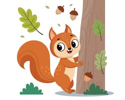 happy squirrel holding a tree with acorns and leaves