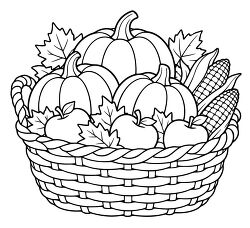 Harvest Basket With Pumpkins Corn Apples And Leaves Coloring Page