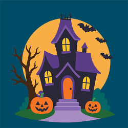 Haunted House With Full Moon and Pumpkins
