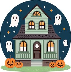 haunted house with ghosts and pumpkins illustration