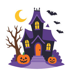 Haunted House With Pumpkins and Bats