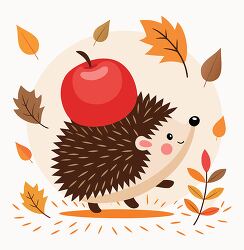 Hedgehog carrying apple in autumn leaves clipart