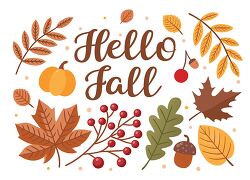 hello fall pumpkin leaves acorn berries vector illustration