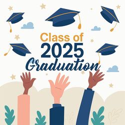 Illustration of hands tossing graduation caps into the air