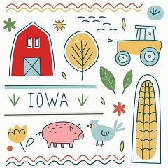 Iowa Symbols and Landmarks in Colorful Clip Art Style