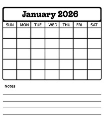 january 2026 blank calendar with notes printable