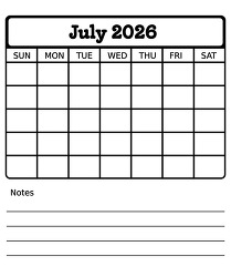 july 2026 blank calendar with notes printable