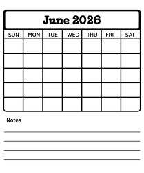 june 2026 blank calendar with notes printable