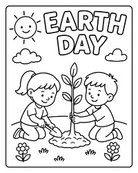 Kids planting tree earth day gardening coloring activity