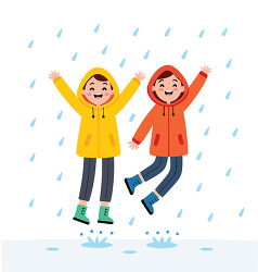 kids playing in rain with raincoats illustration