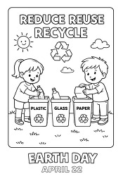 Kids recycling plastic glass paper earth day coloring page
