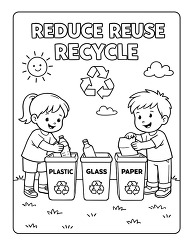 Kids recycling plastic glass paper earth day coloring page
