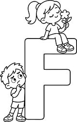 Letter F Kids With Flower Coloring Page