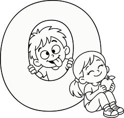 Letter O with two Kids Coloring Page