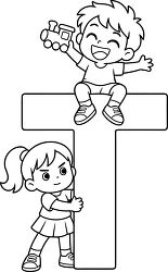 Letter T Kids With Toy Train Coloring Page