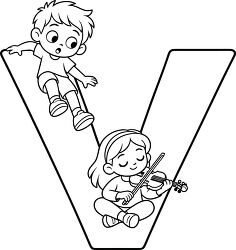 Letter V Kids With Violin Coloring Page