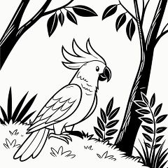 Line Drawing of a Cockatoo Perched in Foliage