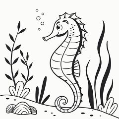 Line Drawing of a Seahorse Amid Ocean Plants and Shells