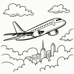 line drawing of Airplane Flying Over City