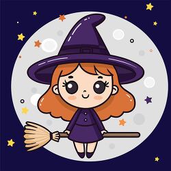 little witch girl flying on broom with big hat