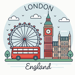 London Landmarks With Red Bus