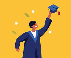 Male graduate in gown raising graduation cap in the air