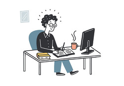 male student writing at desk with computer