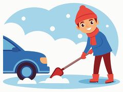 Man removing snow from parked red car in winter