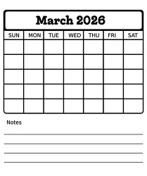 march 2026 blank calendar with notes printable