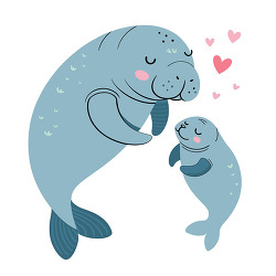 Mother Manatee Baby Love Ocean Animals Family Illustration