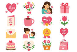mothers day icon set with flowers and hearts