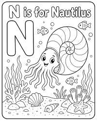 N is for Nautilus alphabet coloring page