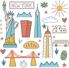 New York Skyline With Iconic Landmarks and Playful Art