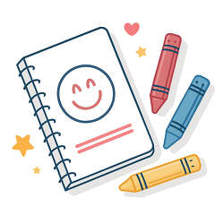 Notebook With Smiley Face And Crayons